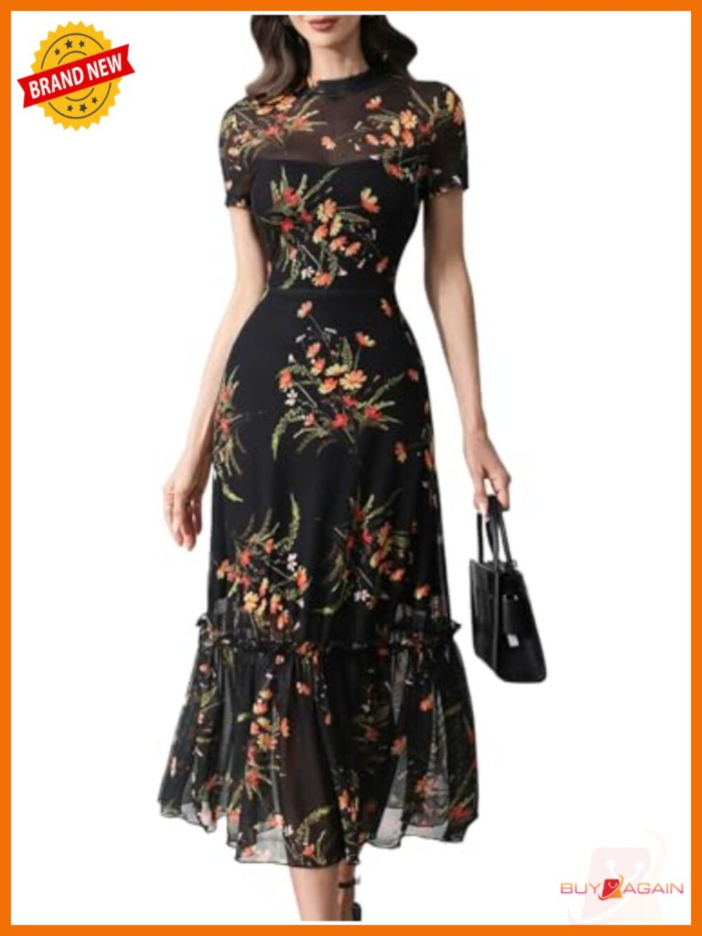 Women's Floral Mesh Maxi Dress Ruffle High Waist Wedding Guest Dress